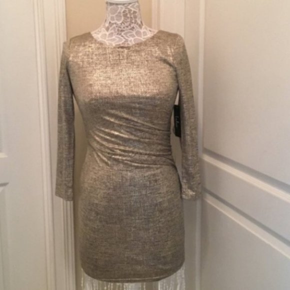 Lulus Long Sleeve Gold Dress New Years party holiday shimmer NWT - Picture 1 of 6